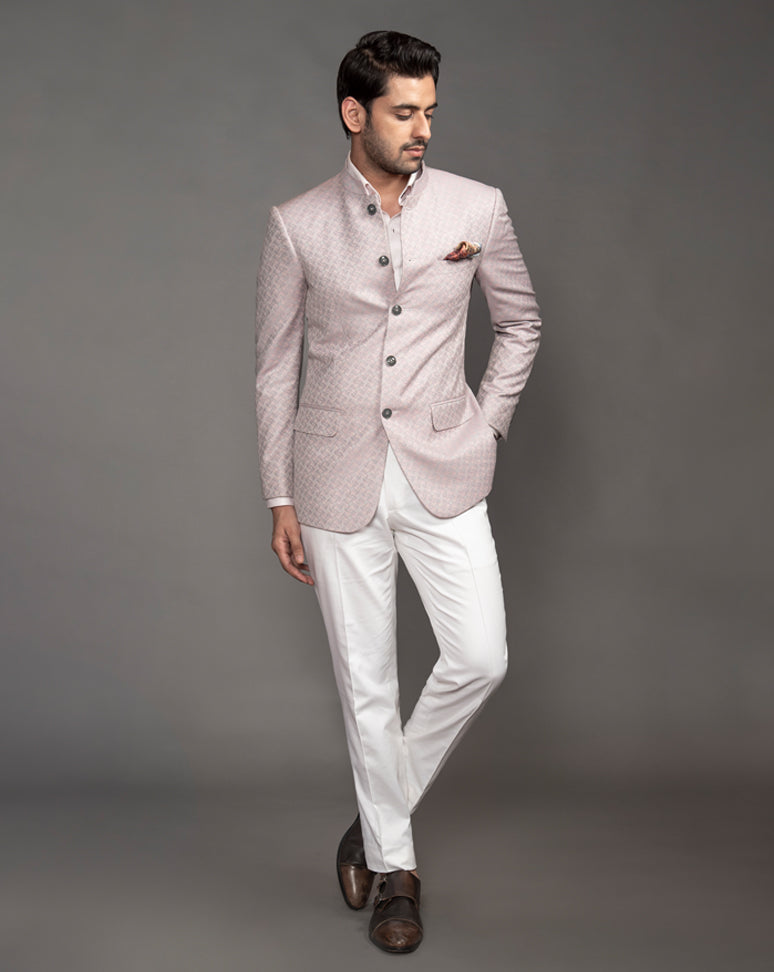 Pink Jacquard Bandgala