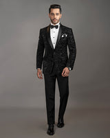 Classic Black Tuxedo with black floral embroidery.  Paired up with Jet Black Pants.