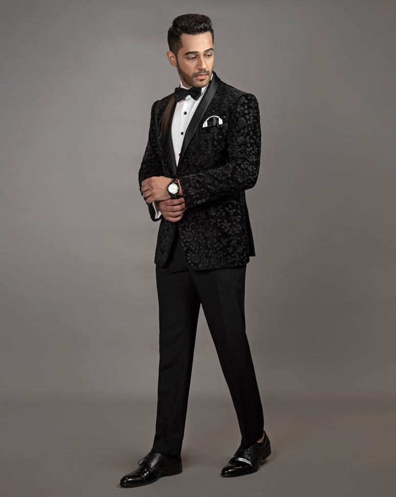 Classic Black Tuxedo with black floral embroidery.  Paired up with Jet Black Pants.