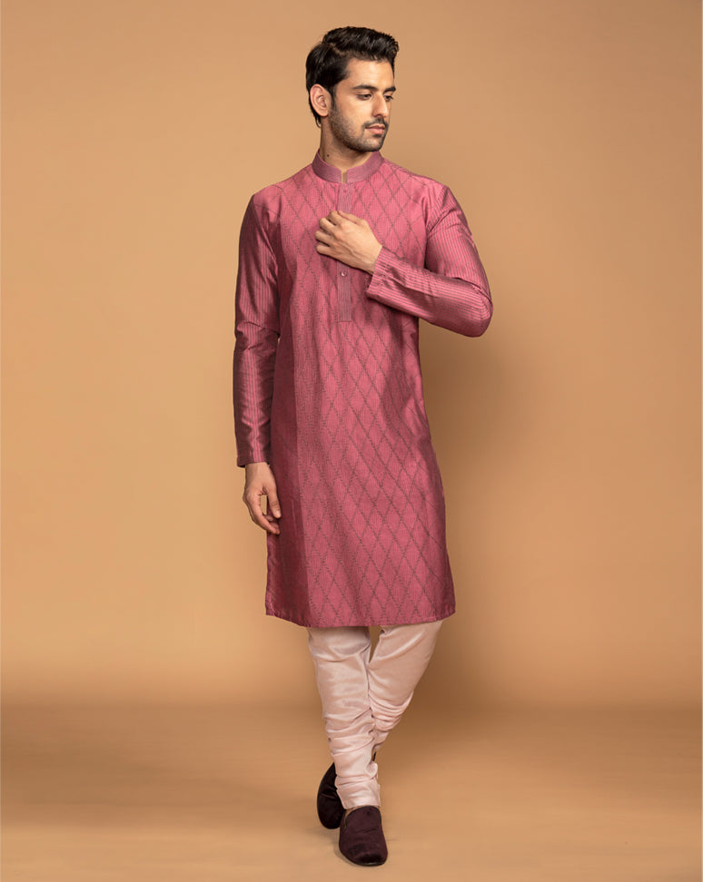 Rose pink multi stitch kurta