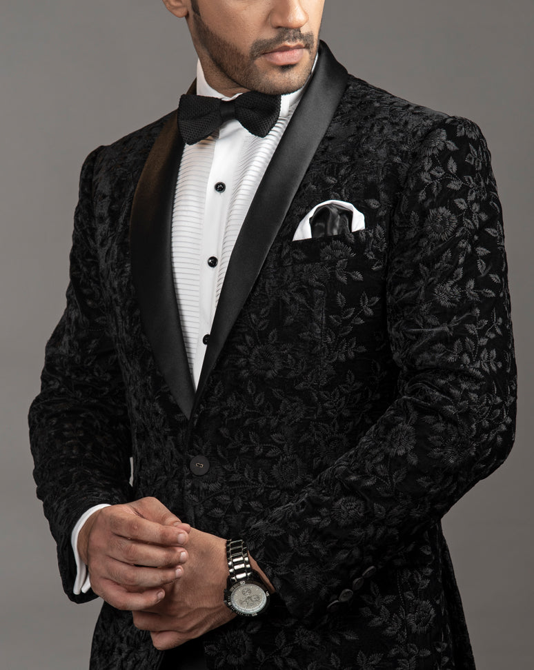 Classic Black Tuxedo with black floral embroidery.  Paired up with Jet Black Pants.