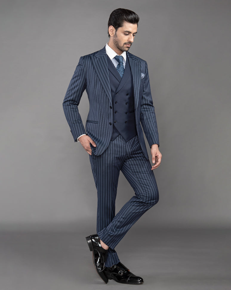 Blue Striped Three Piece Suit