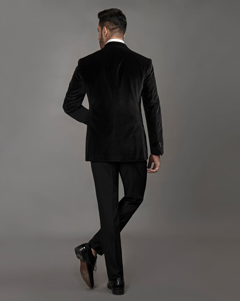 Classic Black Cotton Velvet Tuxedo with Peak lapel.  Paired up with Jet Black Pants.