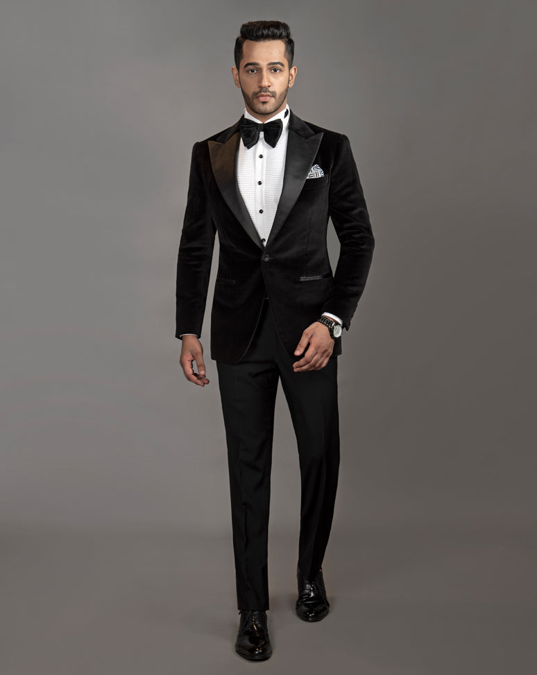 Classic Black Cotton Velvet Tuxedo with Peak lapel.  Paired up with Jet Black Pants.