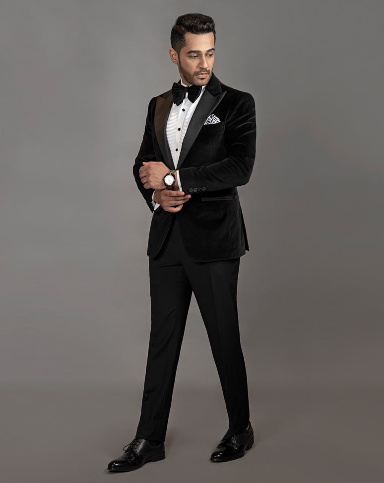 Classic Black Cotton Velvet Tuxedo with Peak lapel.  Paired up with Jet Black Pants.