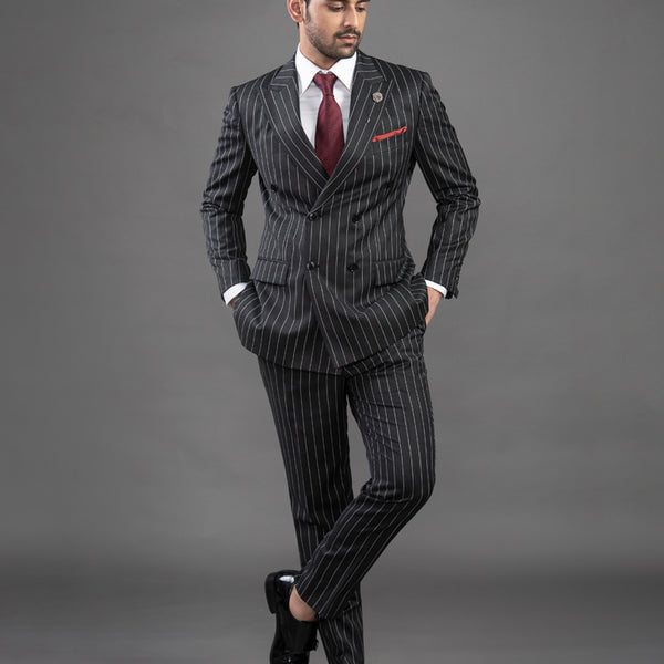 Grey suit with black 2024 stripes