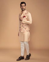 Peach Quilted and Floral Print Nehru Jacket
