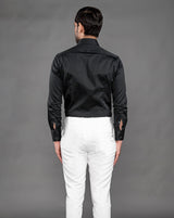 Black cotton shirt with high twist fabric for that wrinkle free effect.