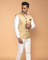 Beige Nehru Jacket with shirt and pants.