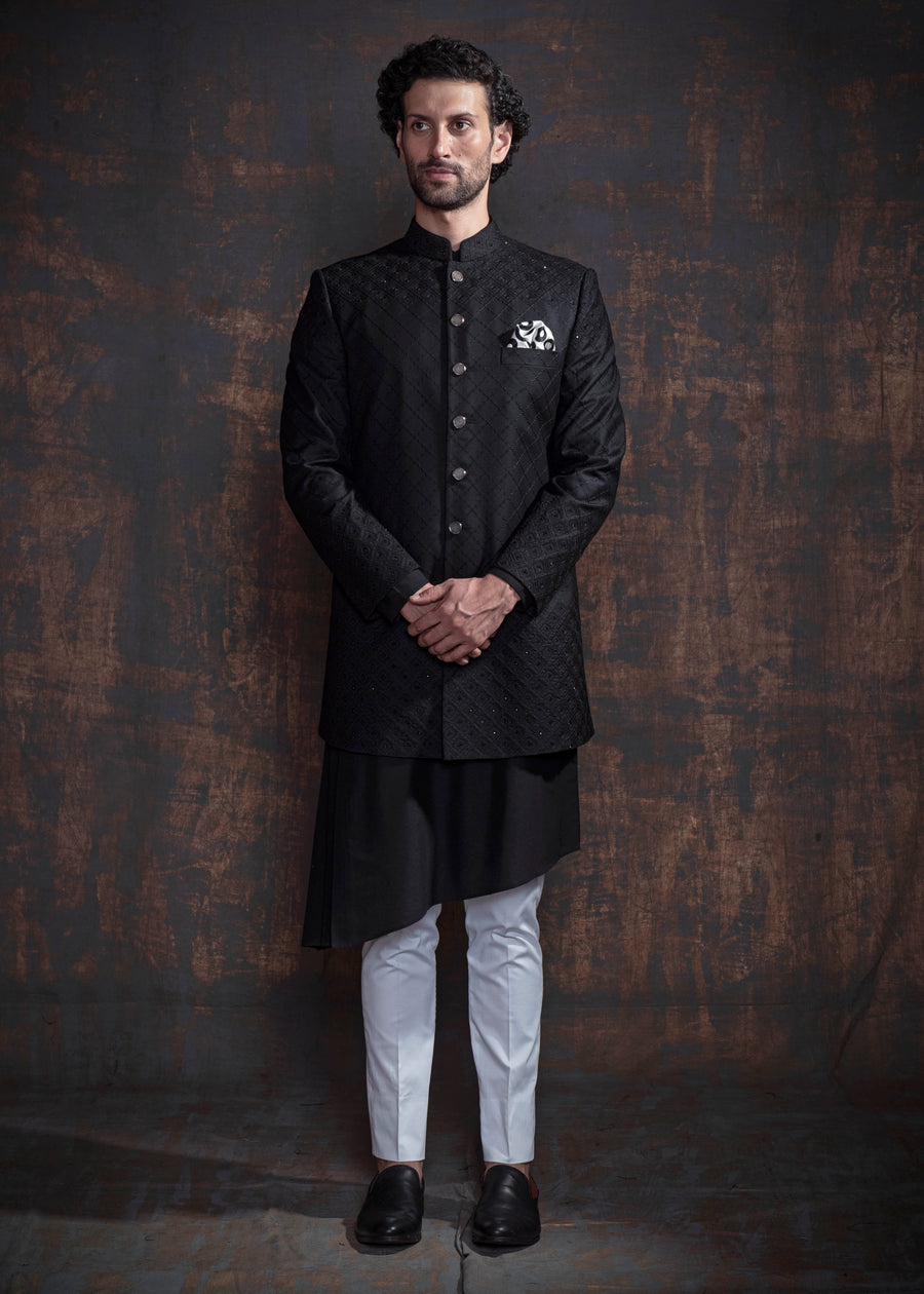 Black Self Embroidered Indo Western Set