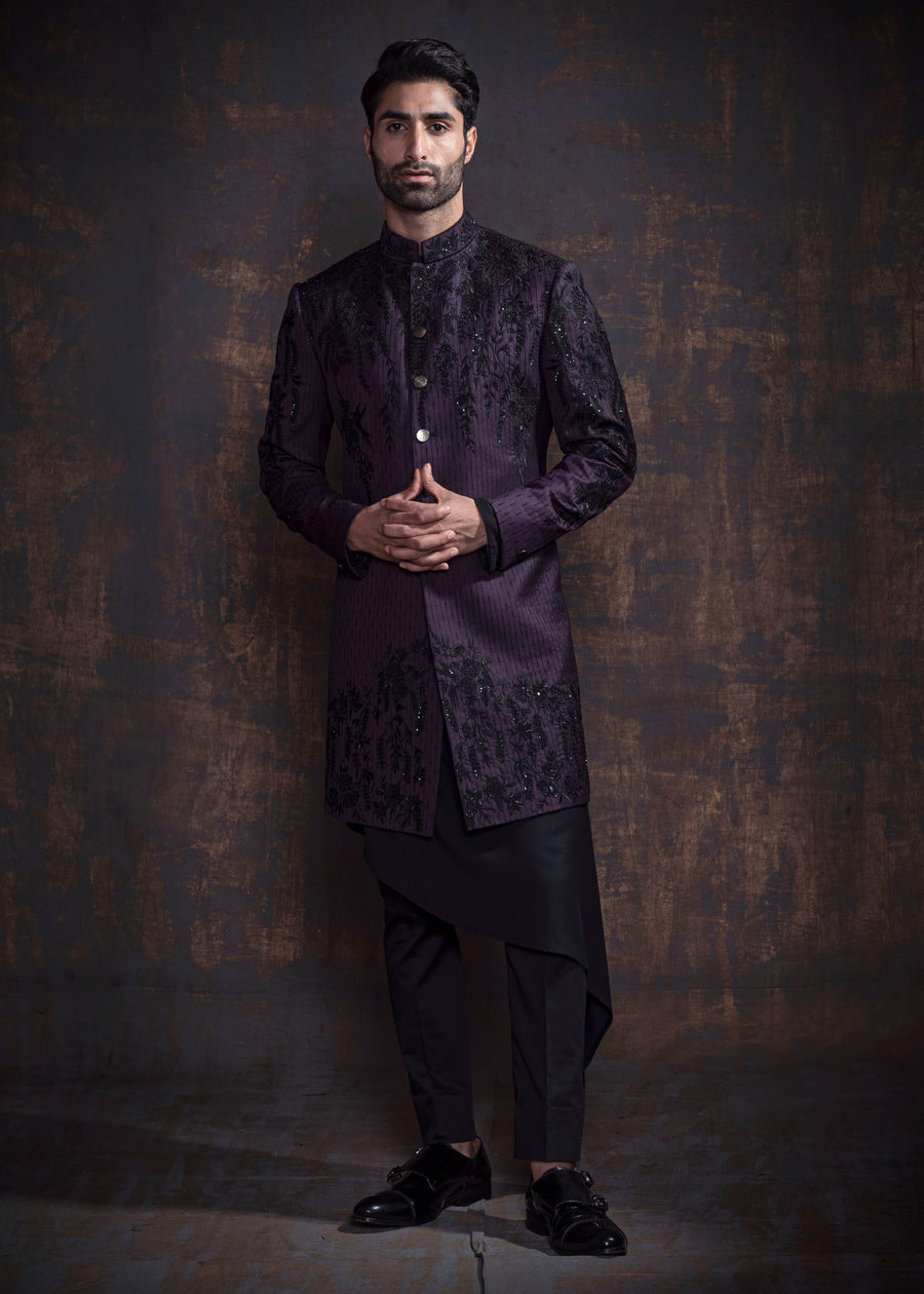 Wine Embroidered Indo Western Set