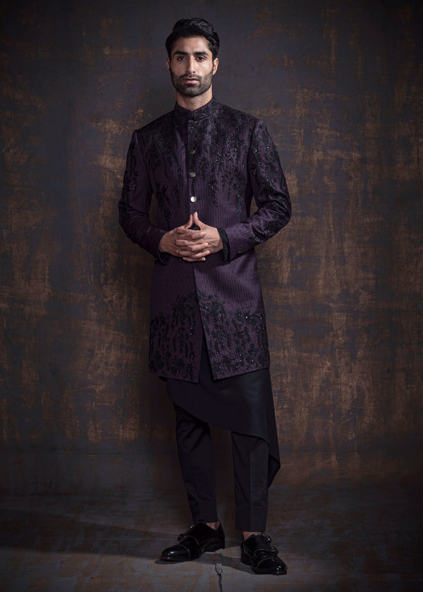 Wine indo western with black embroidery. Paired up with black kurta and pajama.