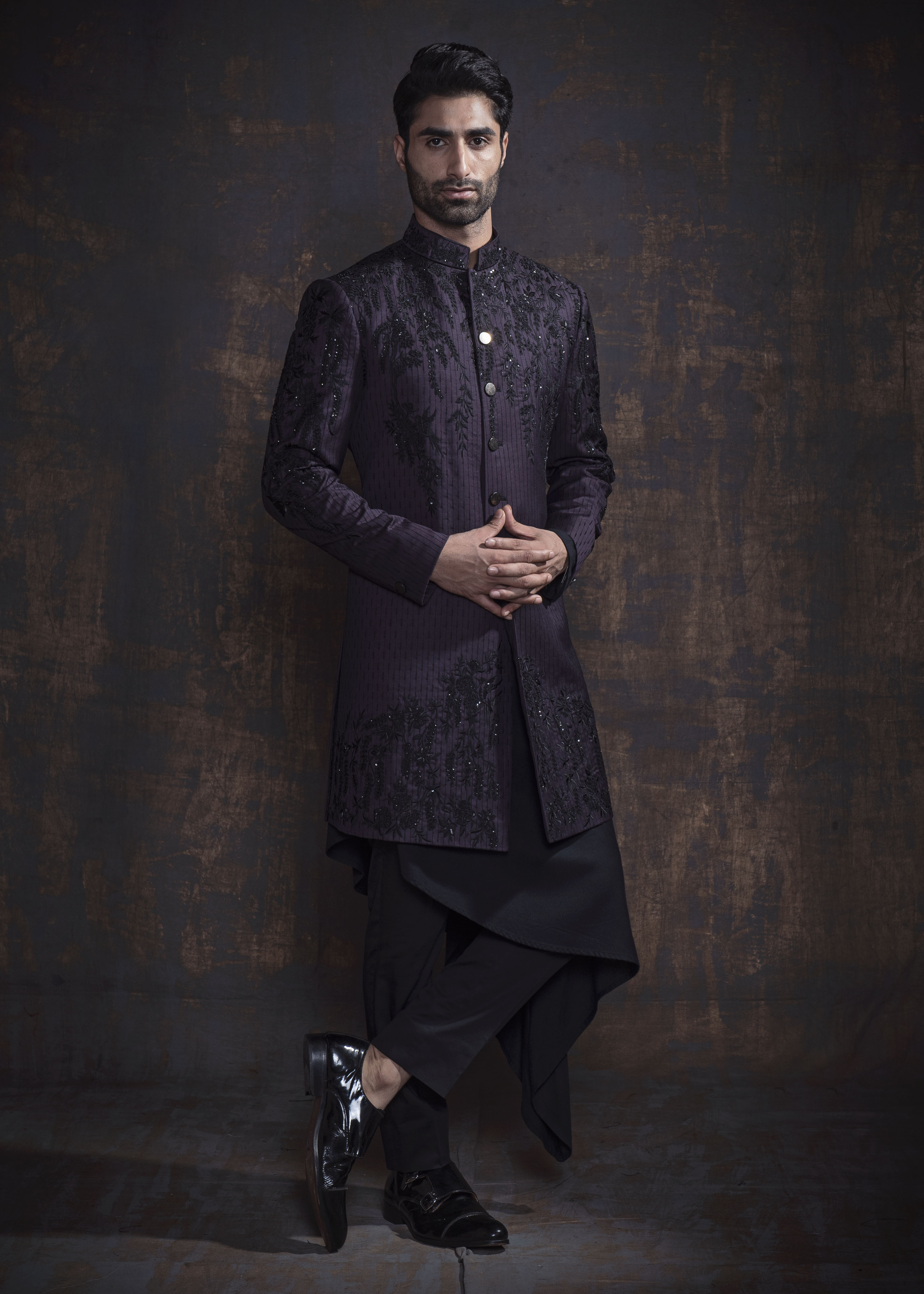 Wine indo western with black embroidery. Paired up with black kurta and pajama.