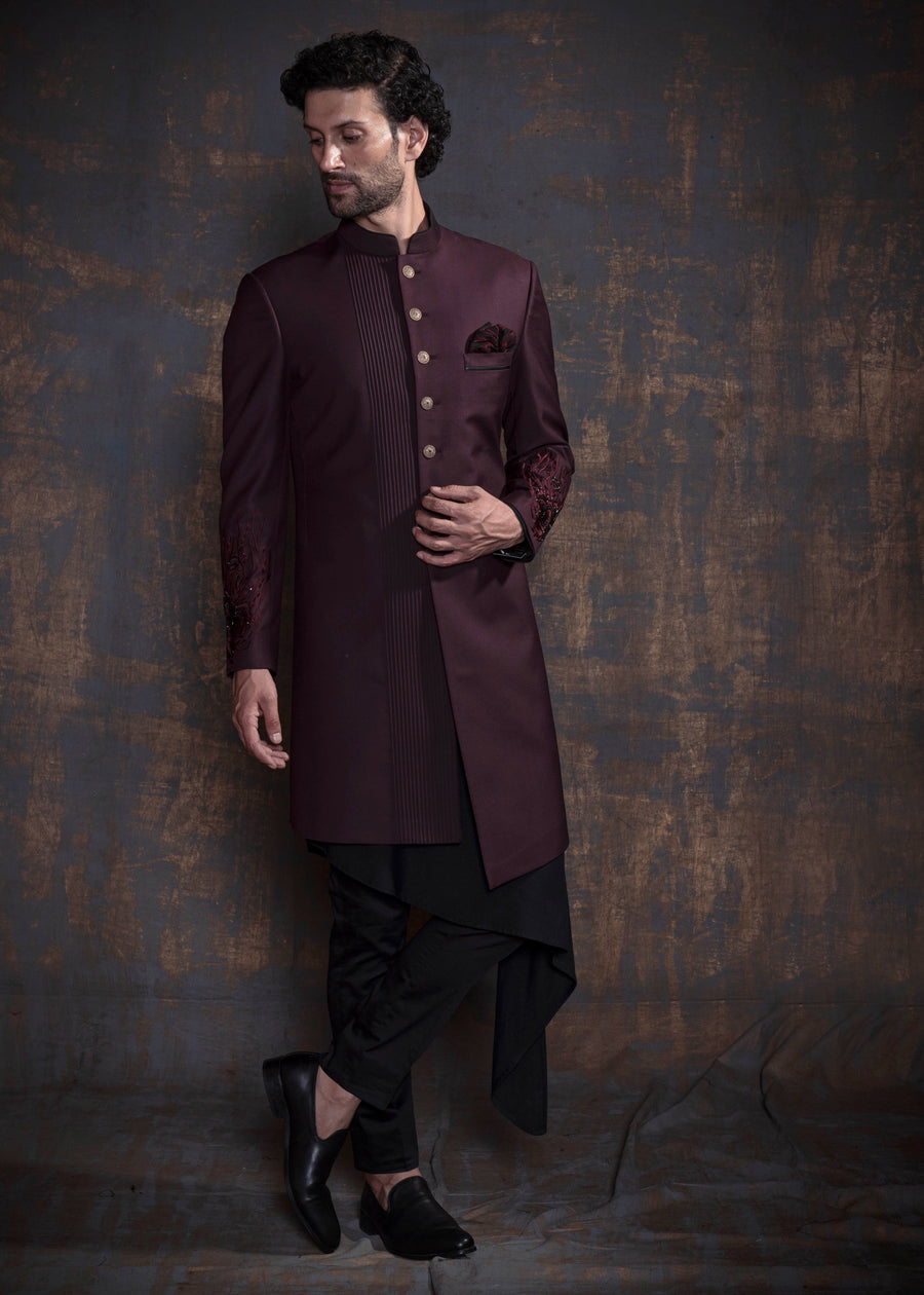 Wine Asymmetrical Indo Western Set