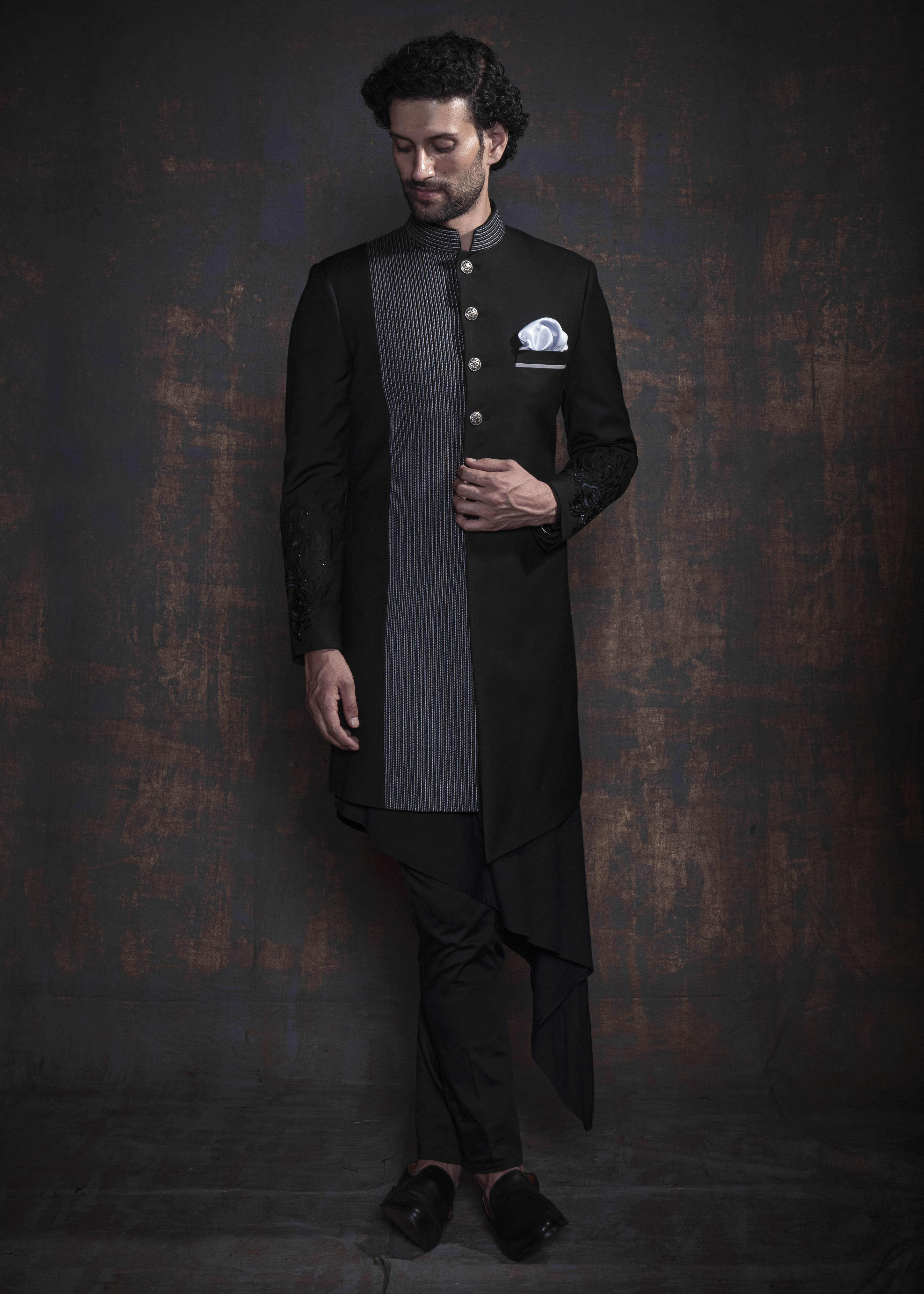 Black embroidered indo western with black kurta pajama.