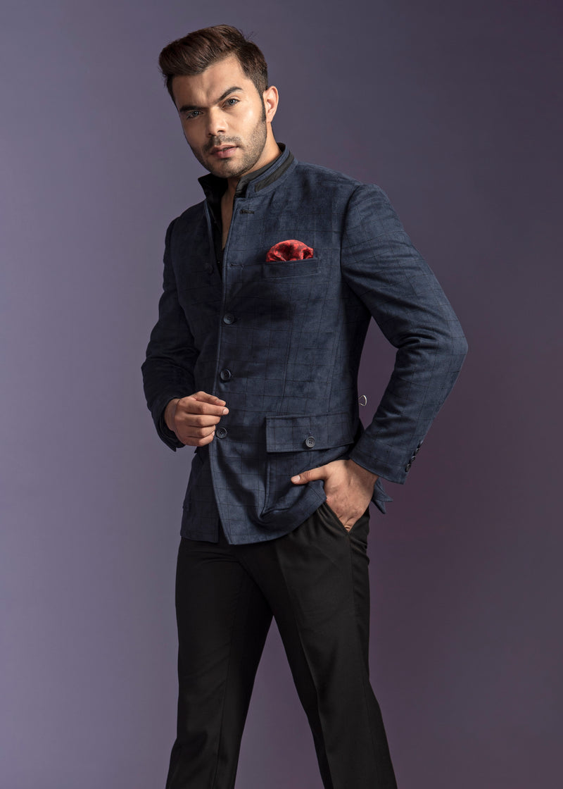 Royal blue suede bandgala jacket with patch pockets. Paired up with jet black plants.