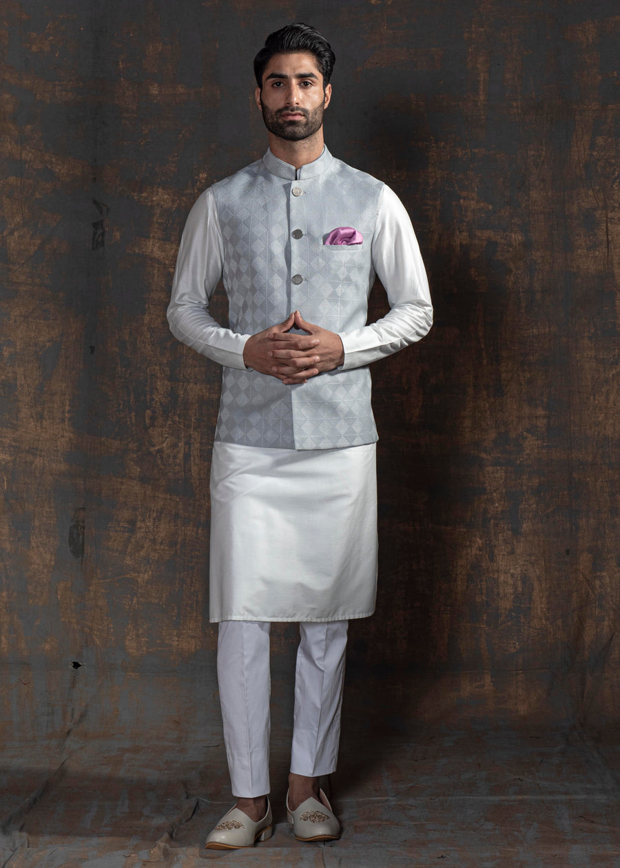 Grey Self Embroidered Nehru Jacket Set