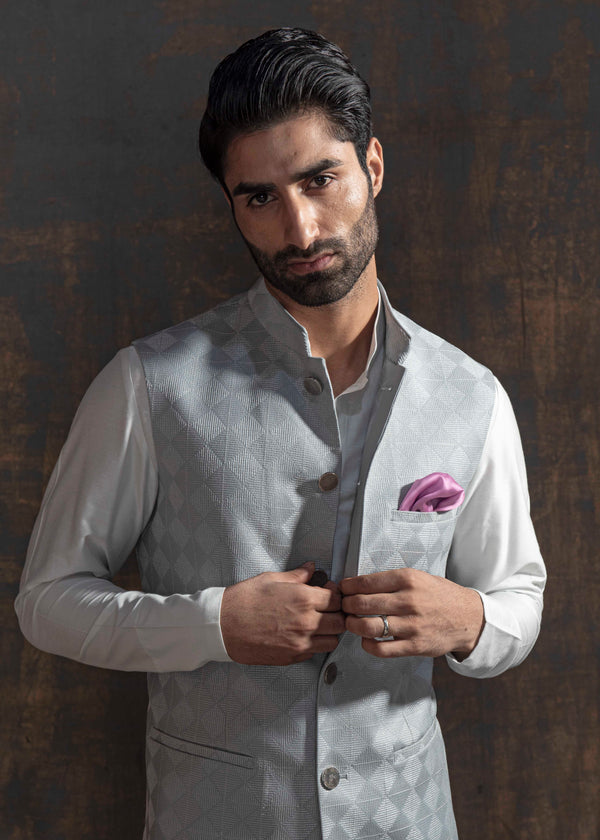 Blacksmith Grey Blue Paisley Jacquard Modi Jacket for Men -Grey Blue  Paisley Jacquard Nehru Jacket for Men | Blacksmith Fashion