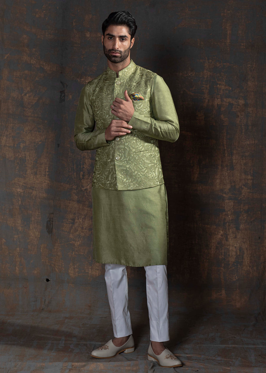 Green Self Embroidered Nehru Jacket Set