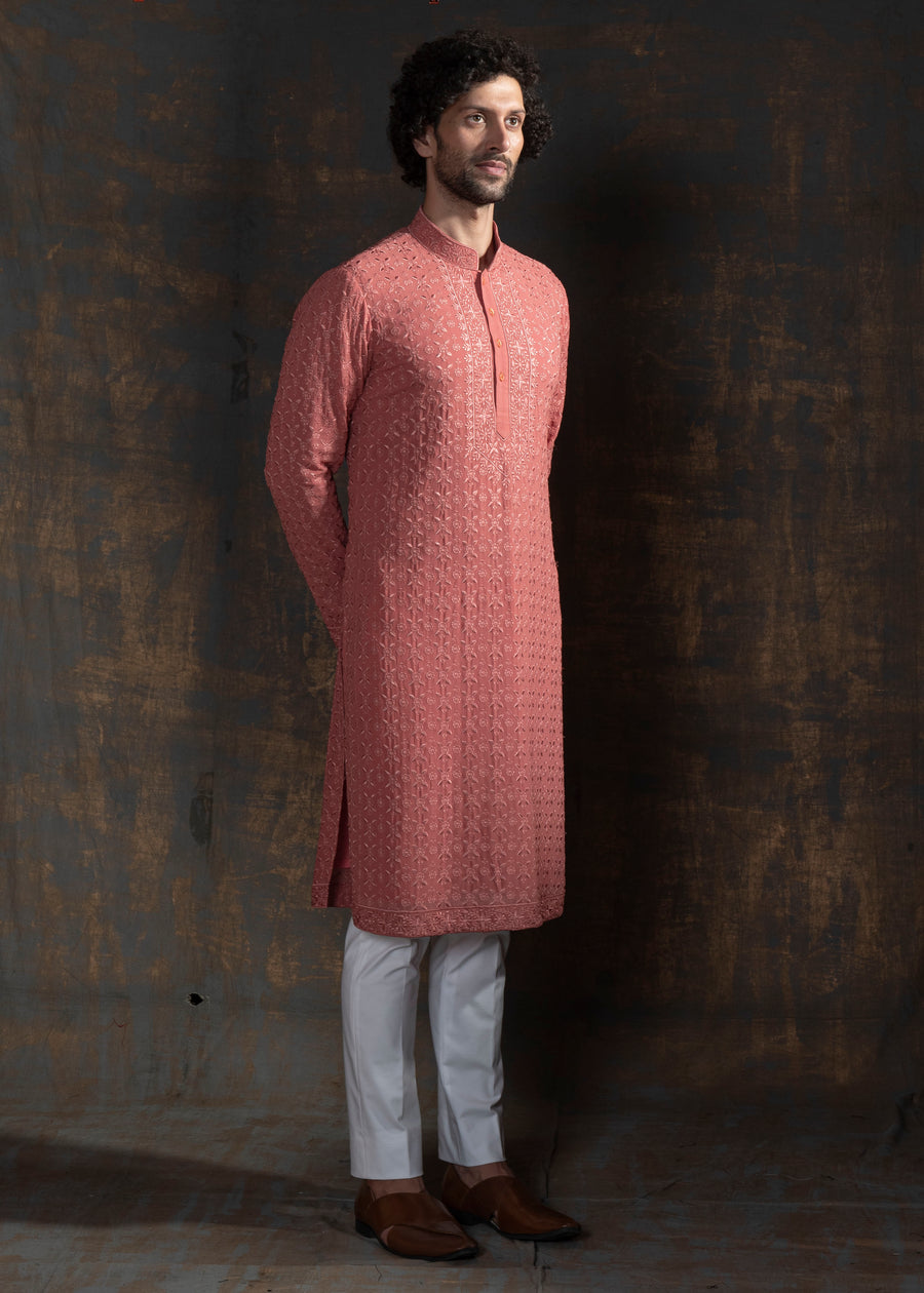 Rust Pink Embroidered Kurta Set