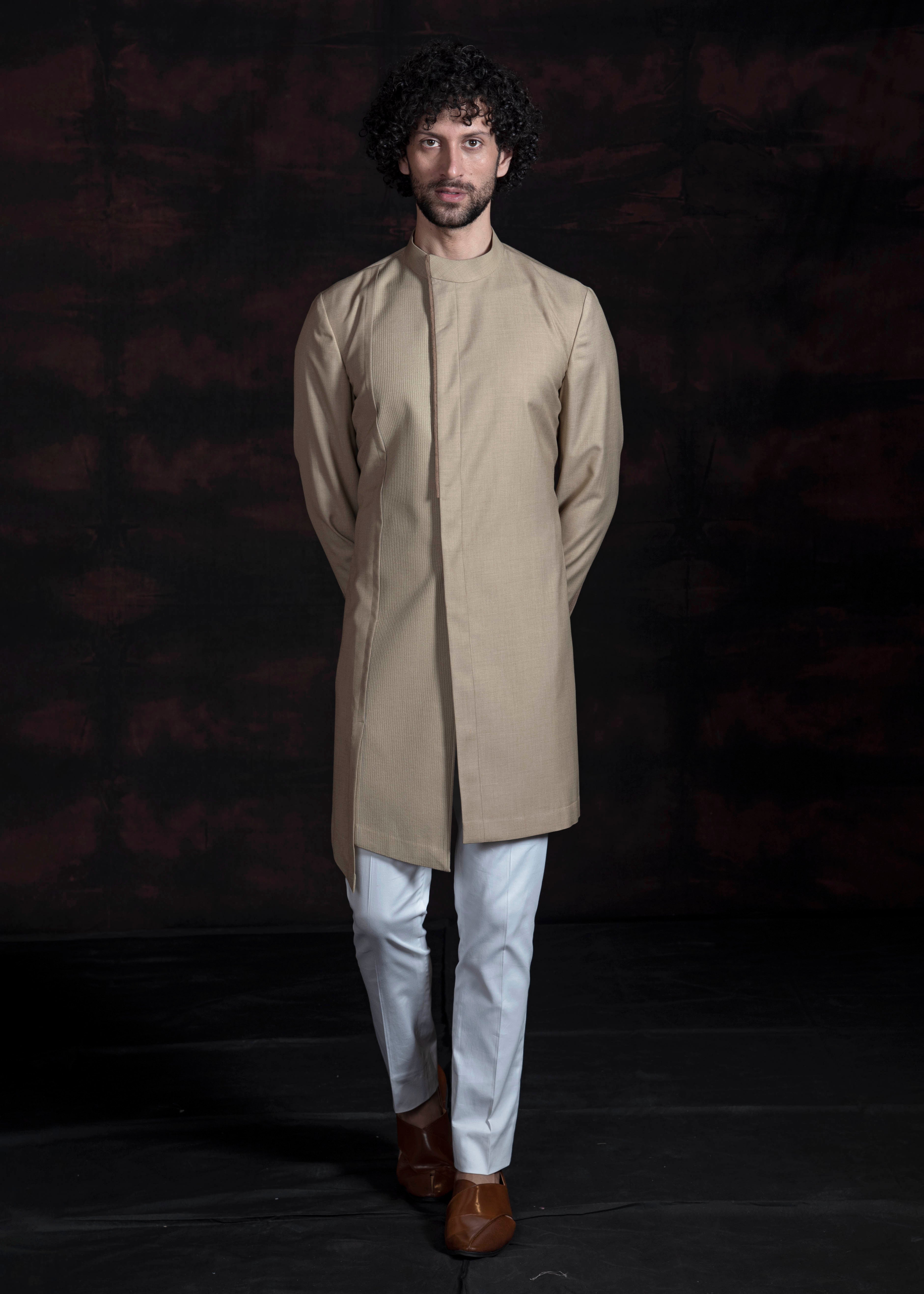 Beige indo cut kurta with ivory pant cut pajama.