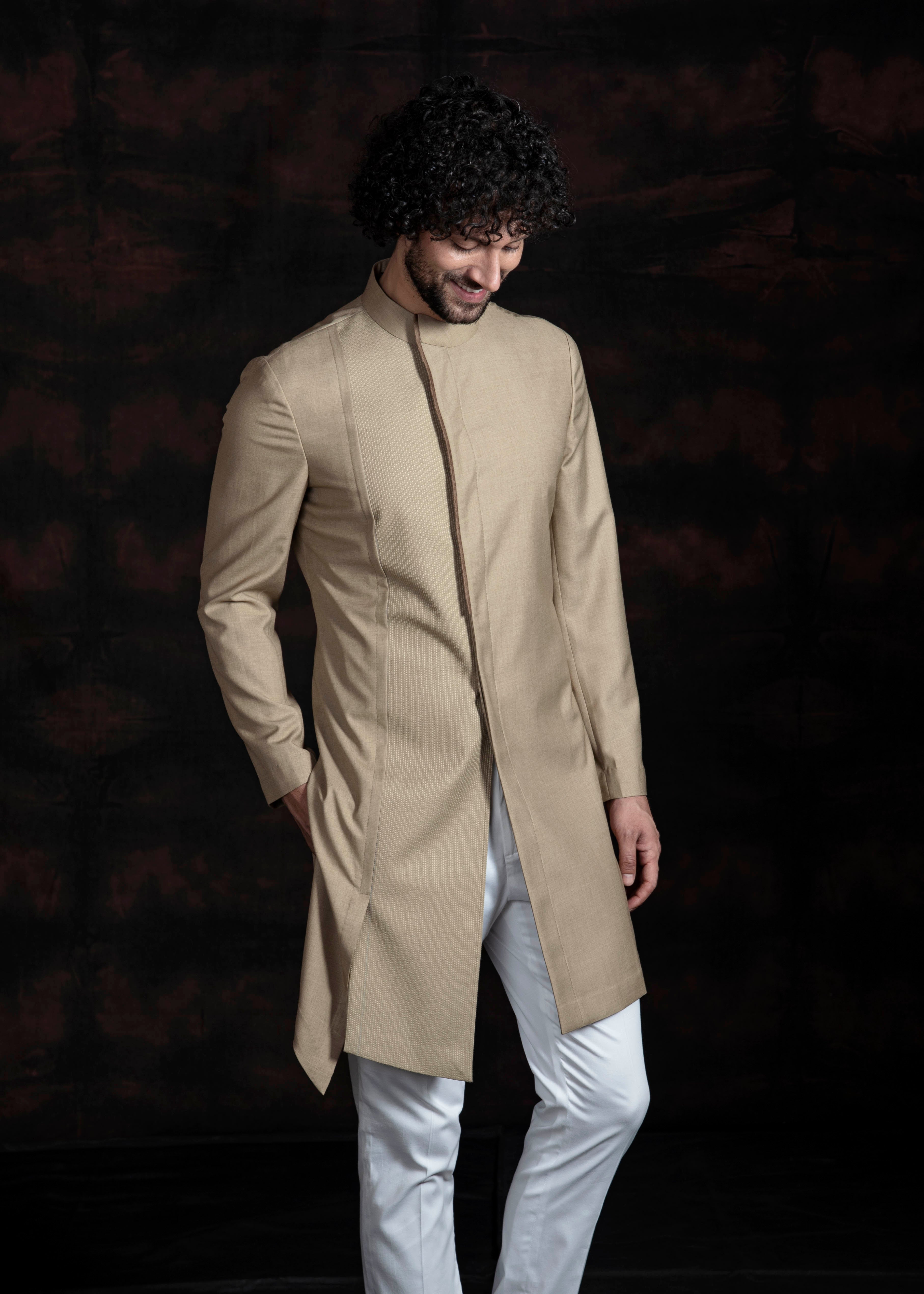 Beige indo cut kurta with ivory pant cut pajama.