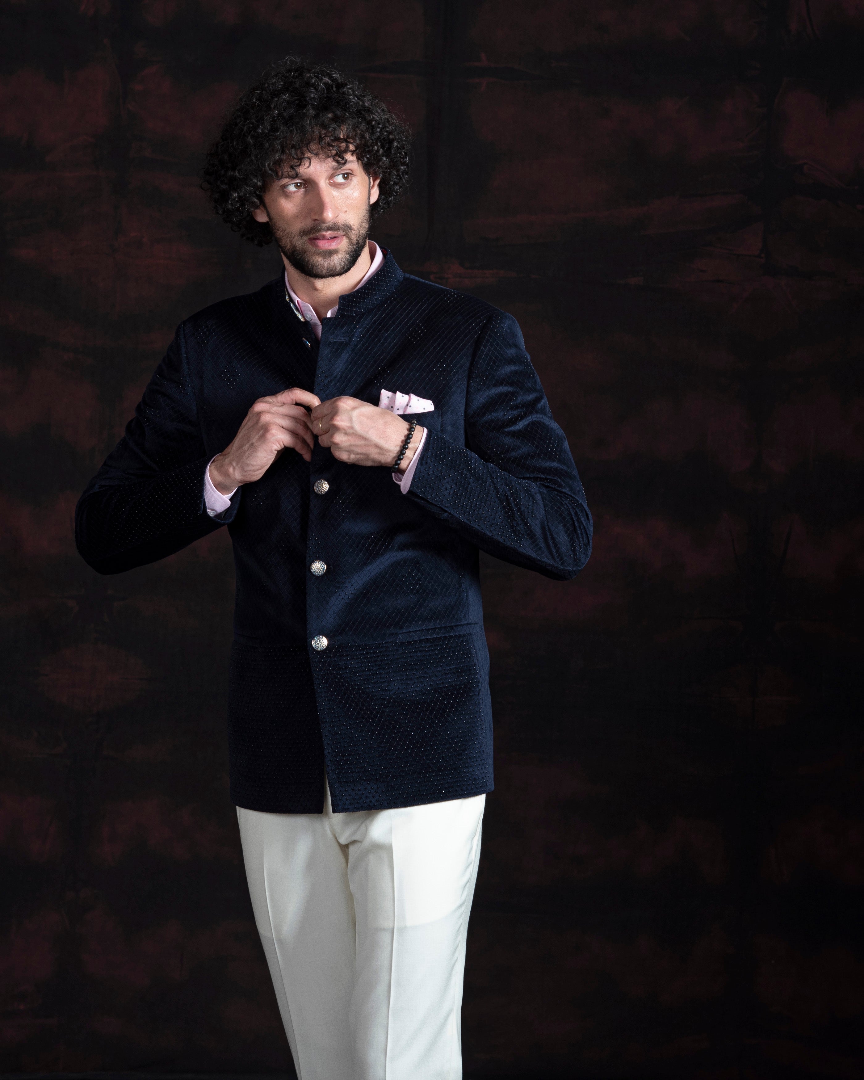 Dark Blue Velvet Embroidered Bandhgala Jacket