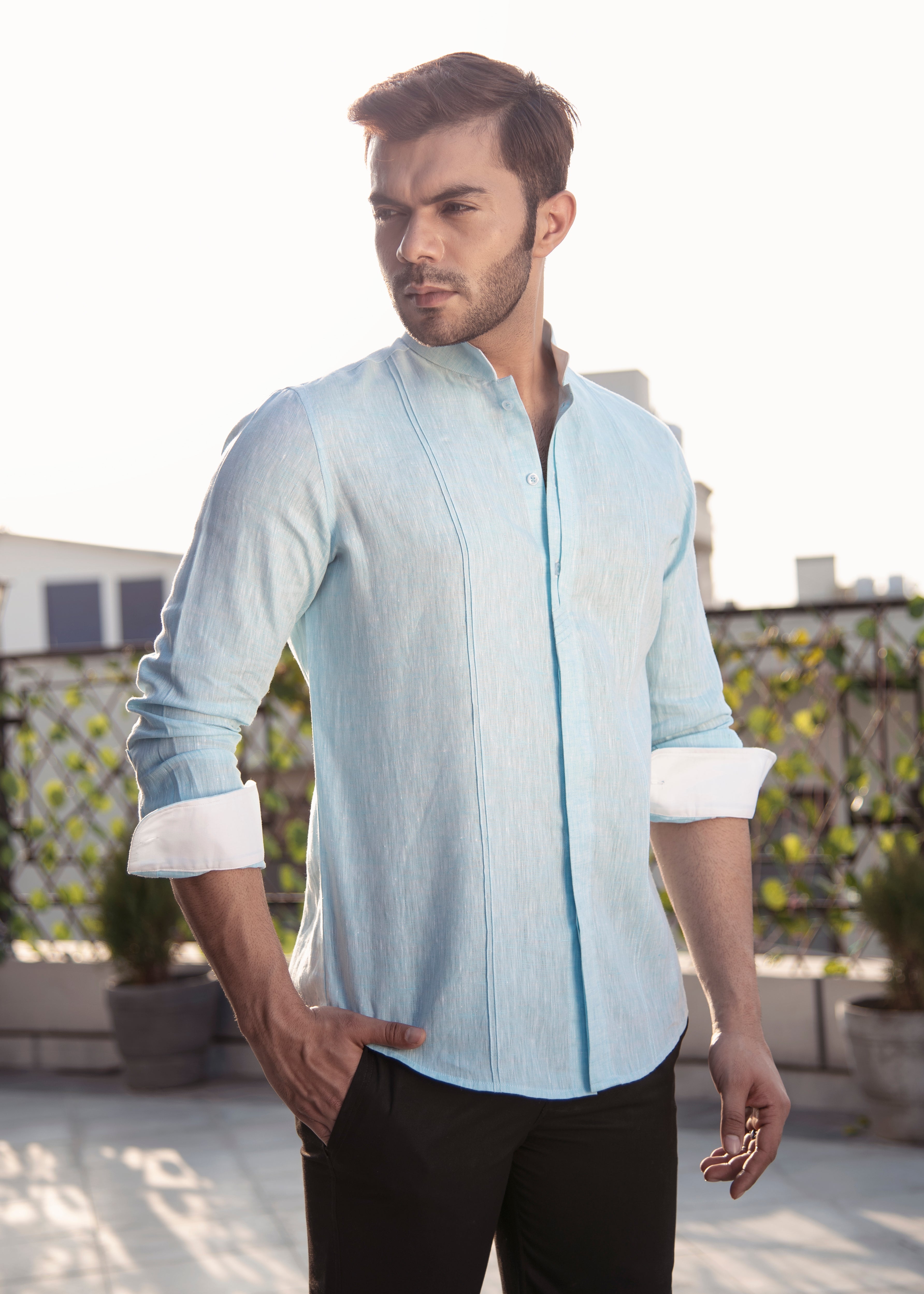 Blue linen shirt.