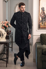 Black embroidered indo western with black kurta and pajama.