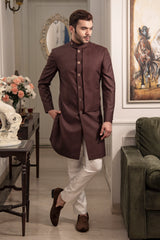 Brown designer indo western with off white pants.
