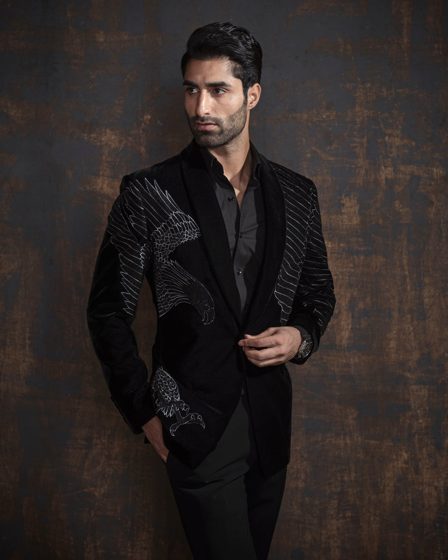 Black Cotton Velvet Embroidered Tuxedo
