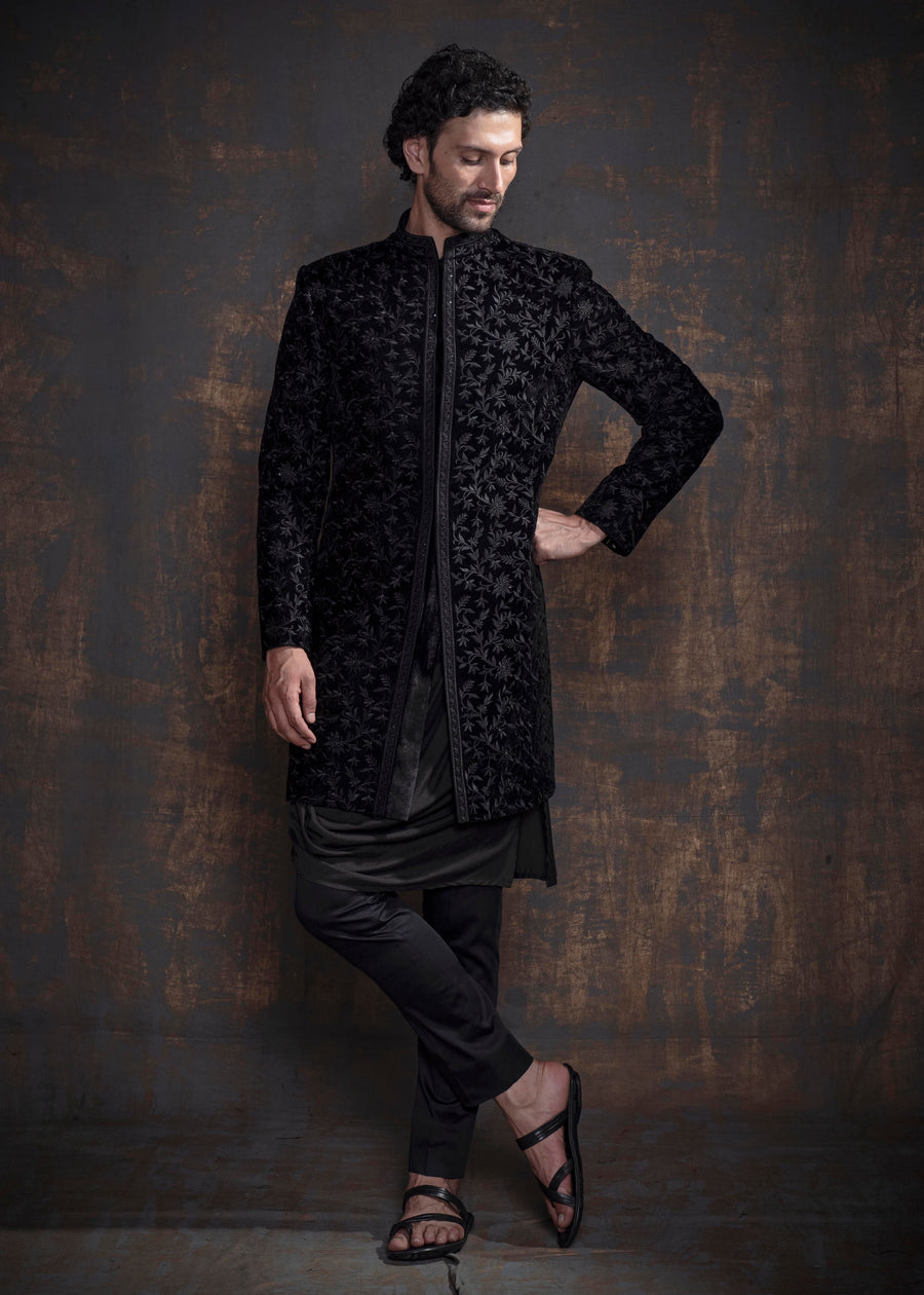 Black Velvet Embroidered Indo Western Set