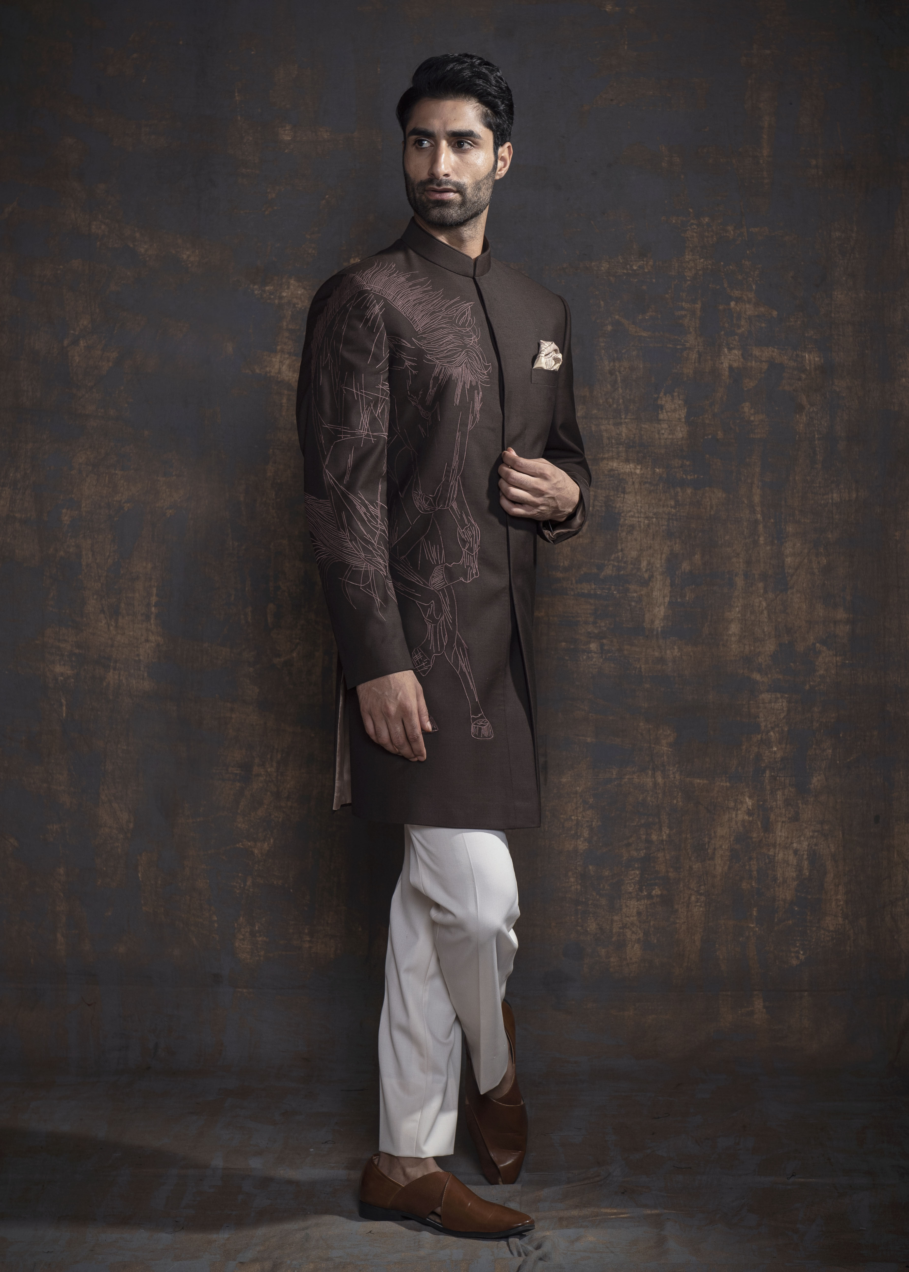 Brown self embroidered indo western with off white kurta pajama.