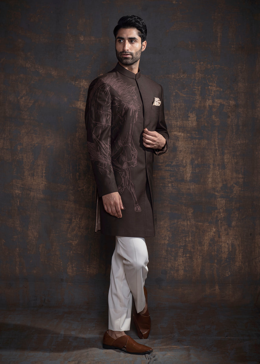 Brown Animal embroidered Indo Western Set
