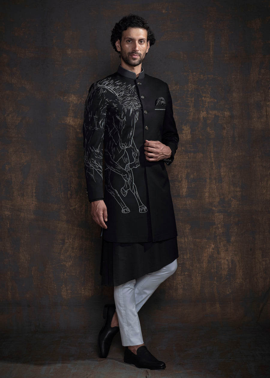 Black Animal Embroidered Indo Western Set