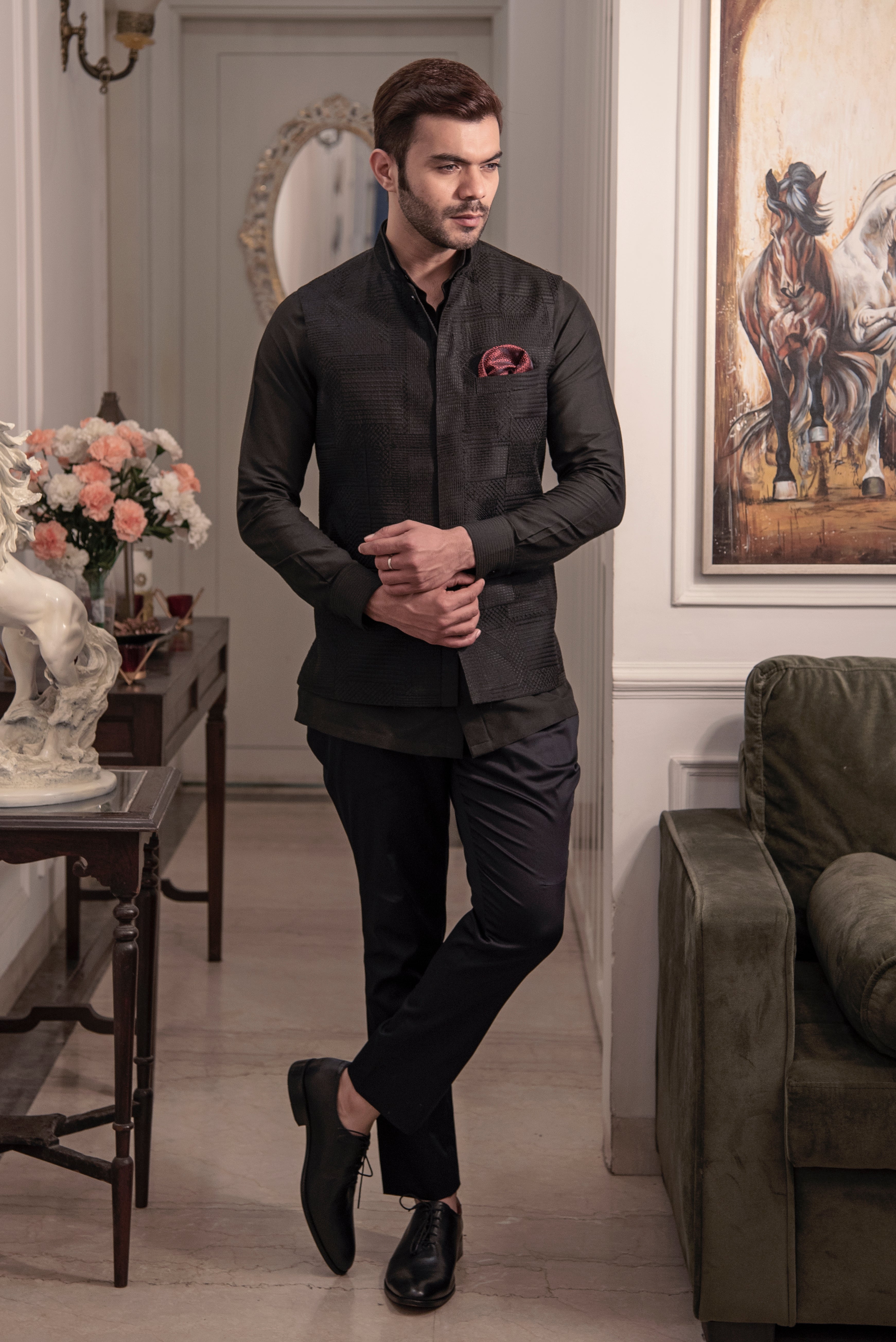 Black emnroidered nehru jacket with black long shirt and black. pant cut pajama.