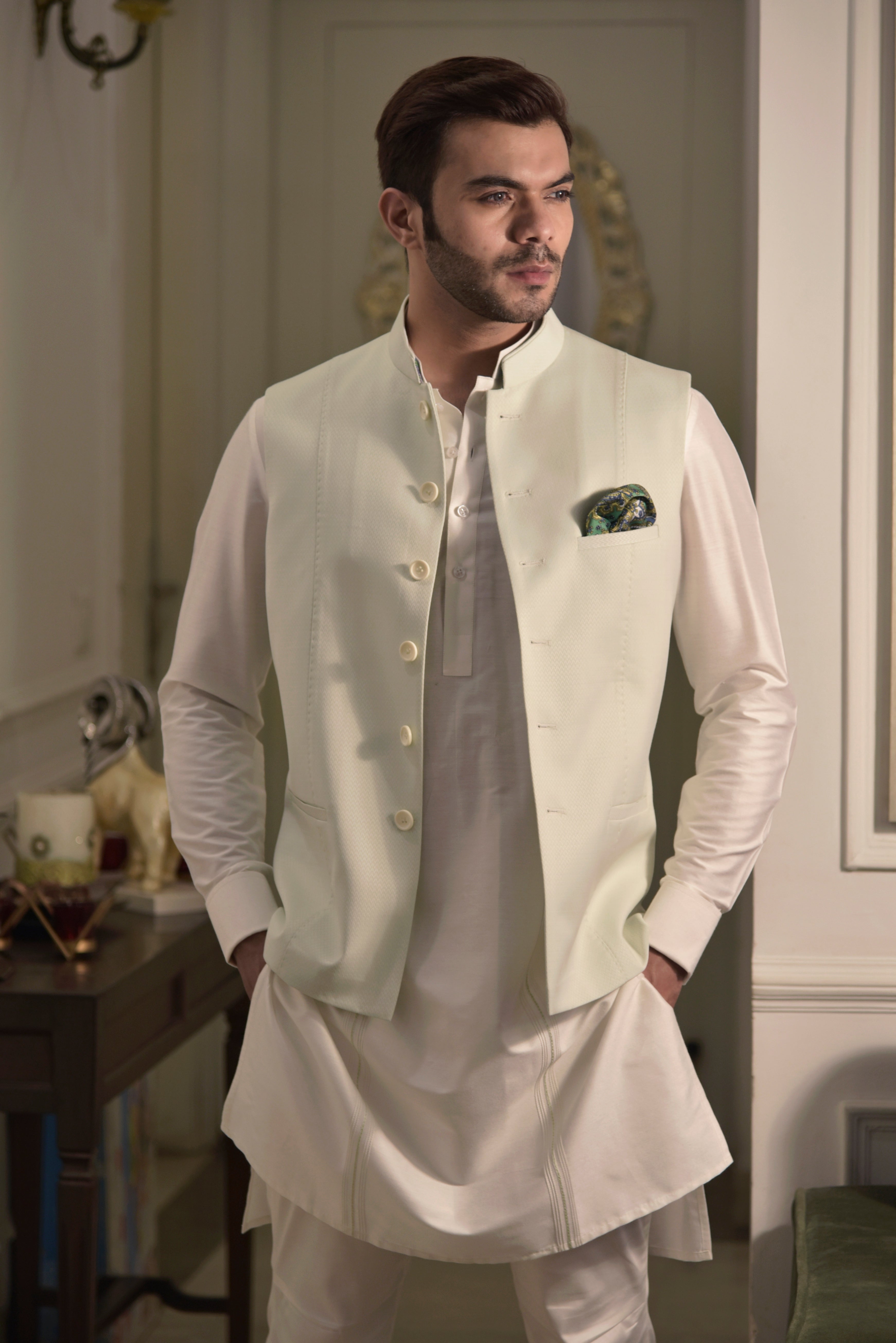 Pista green nehru jacket with off white short kurta and pajama