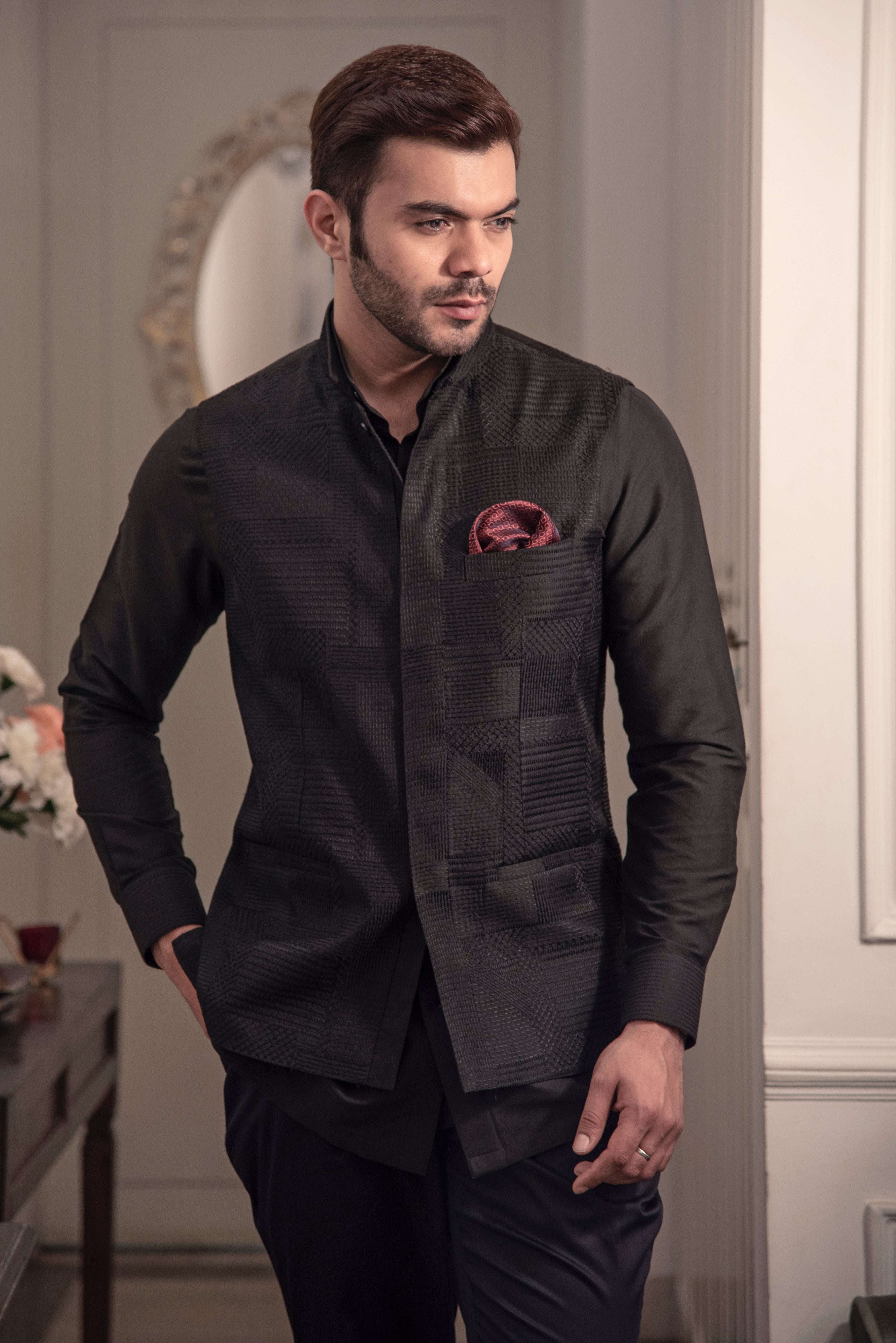 Black emnroidered nehru jacket with black long shirt and black. pant cut pajama.