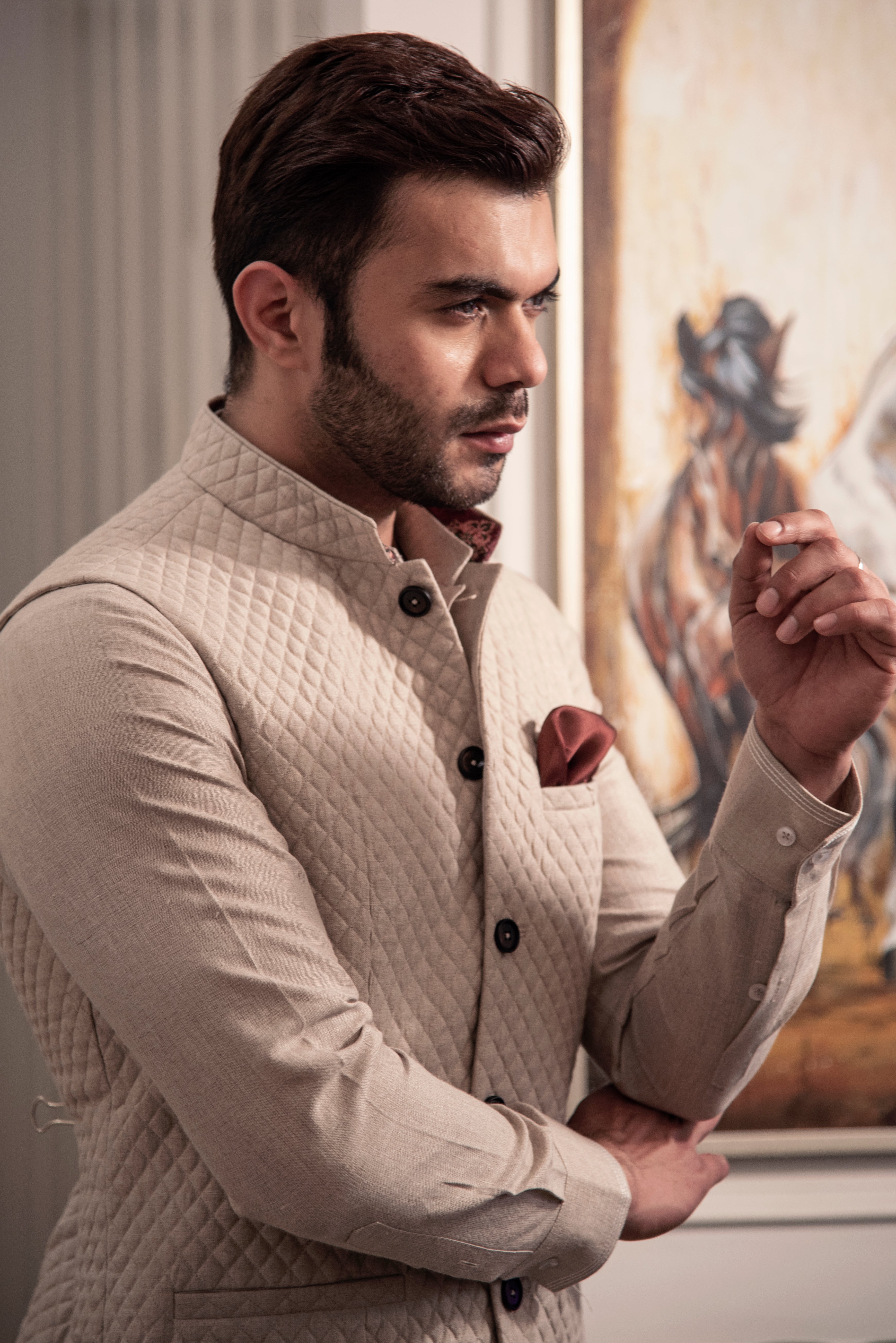 Beige coloured quilted nehru jacket in linen fabric with same linen kurta and off white pant cut pajama.