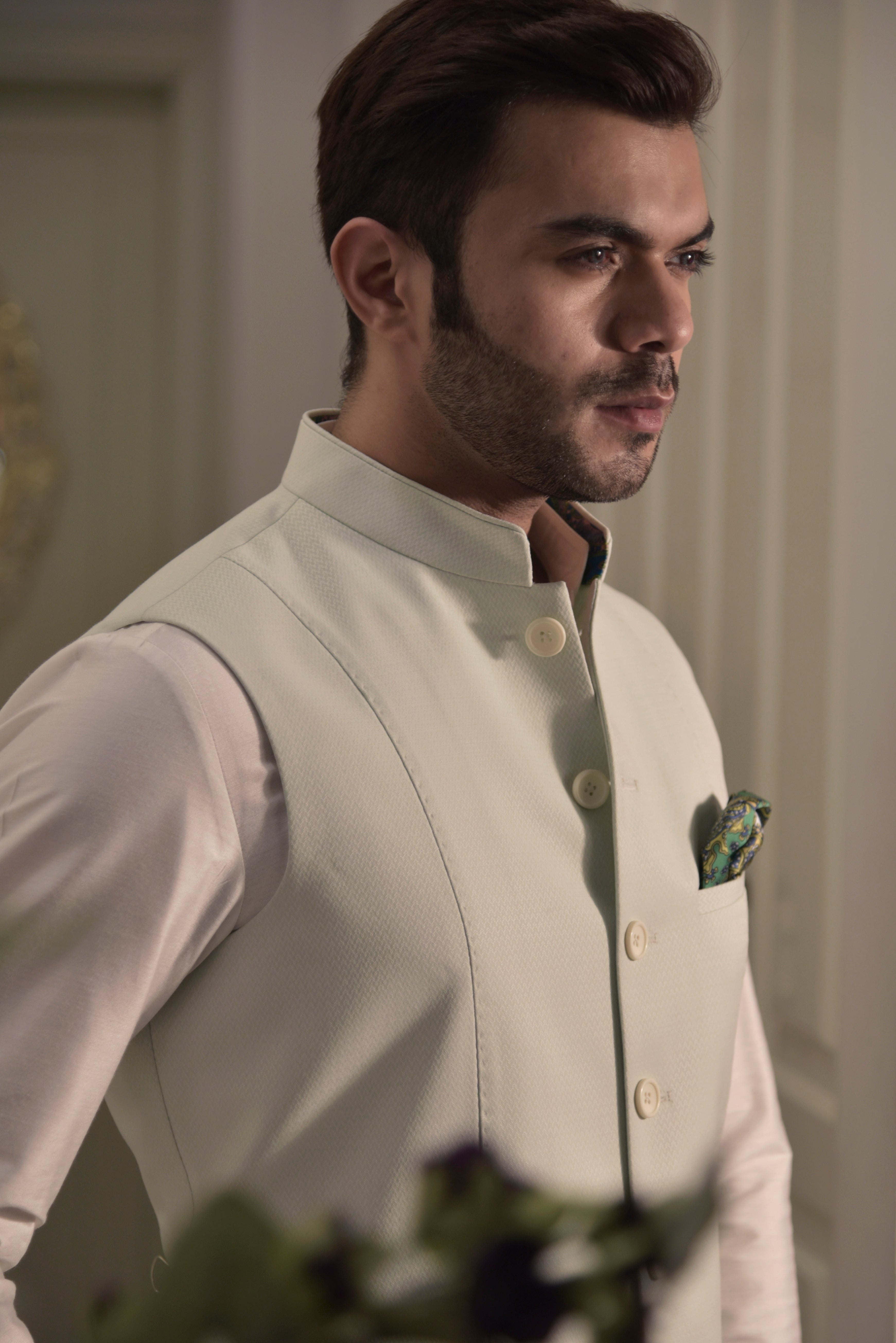 Pista green nehru jacket with off white short kurta and pajama