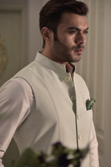 Pista green nehru jacket with off white short kurta and pajama