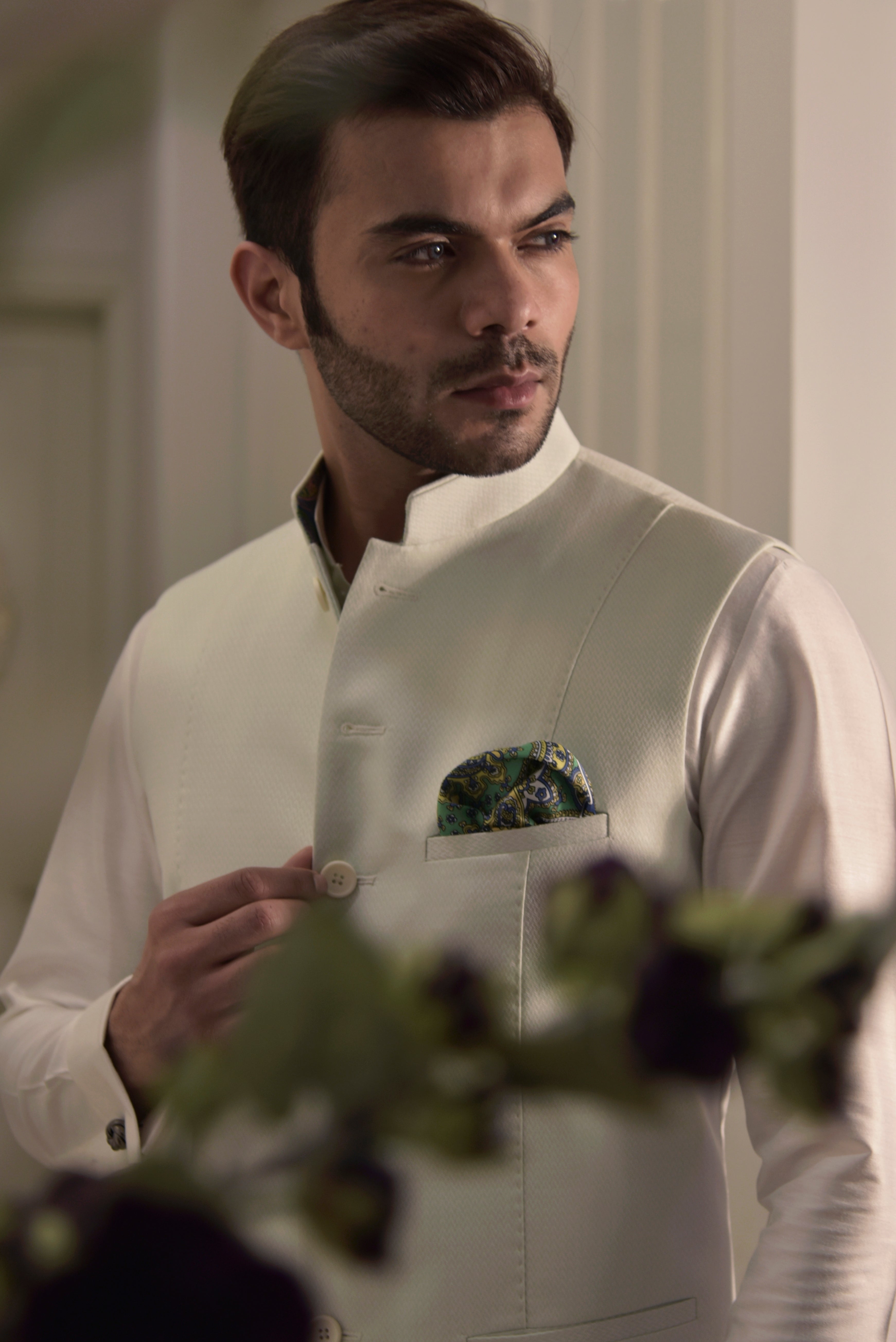 Pista green nehru jacket with off white short kurta and pajama