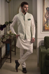 Pista green nehru jacket with off white short kurta and pajama