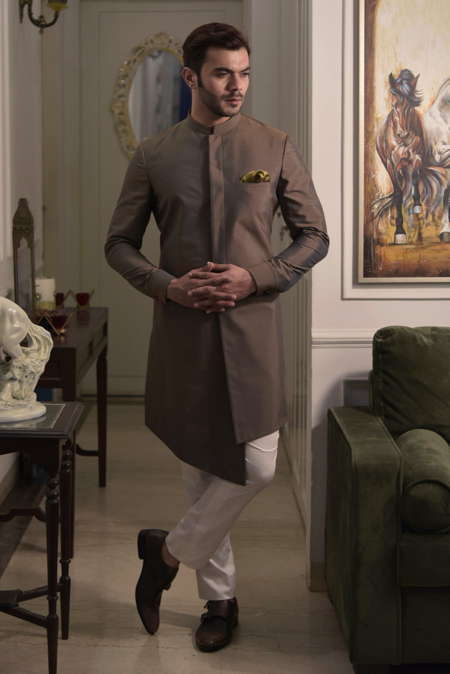 Brown Sherwani-Cut Kurta Set