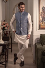 Greyish blue nehru jacket with off white kurta pajama.