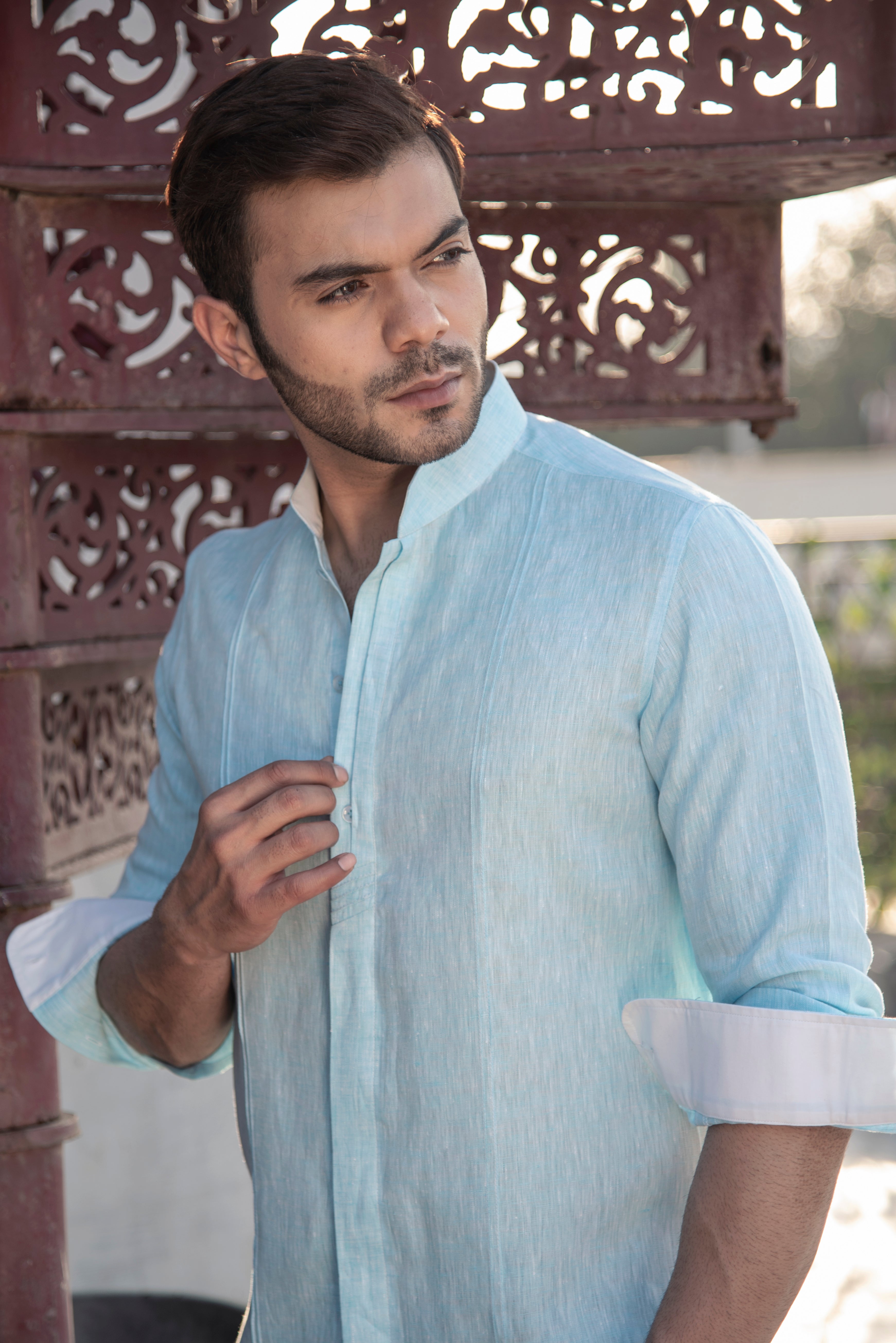 Blue linen shirt.