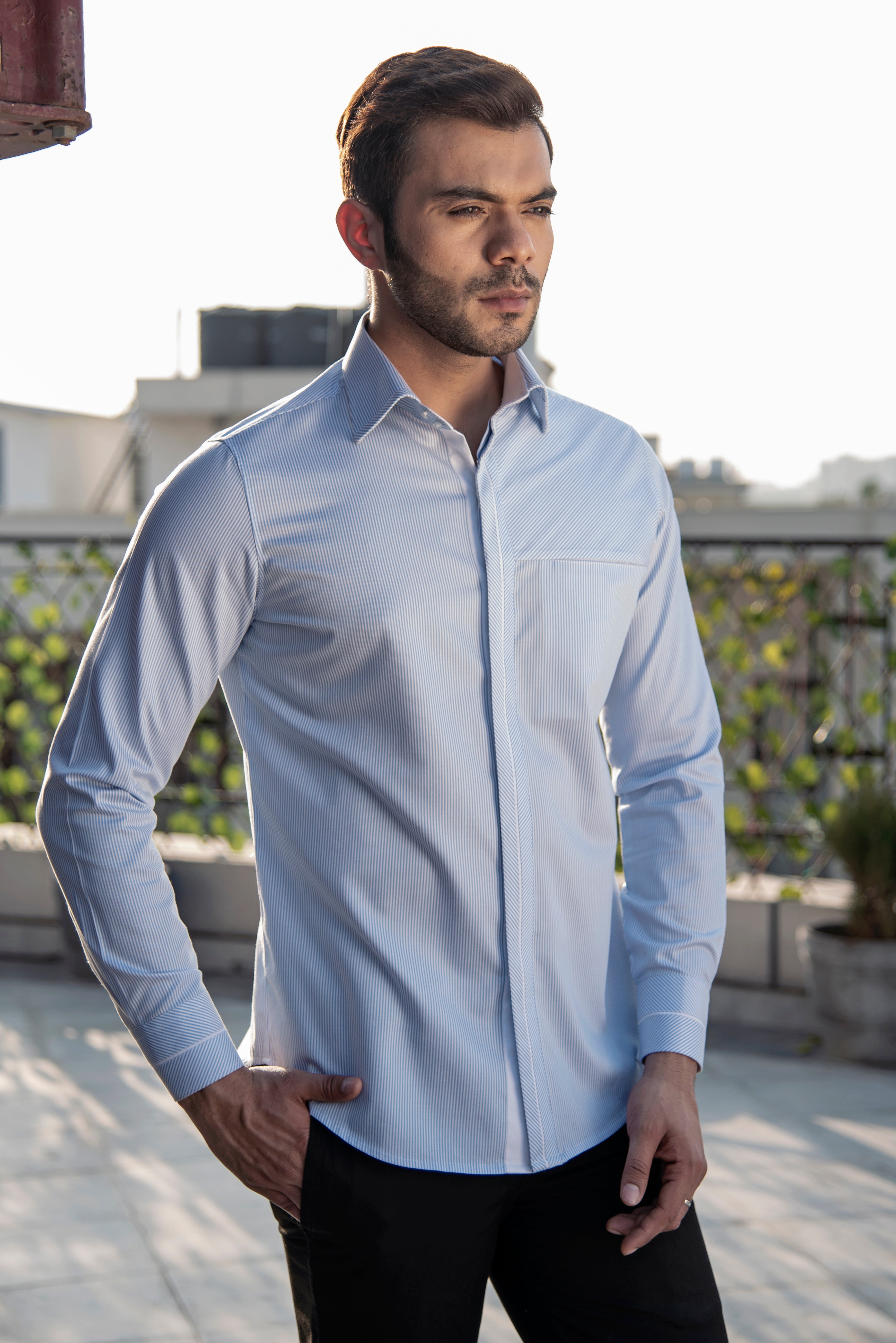 Sky blue designer shirt.