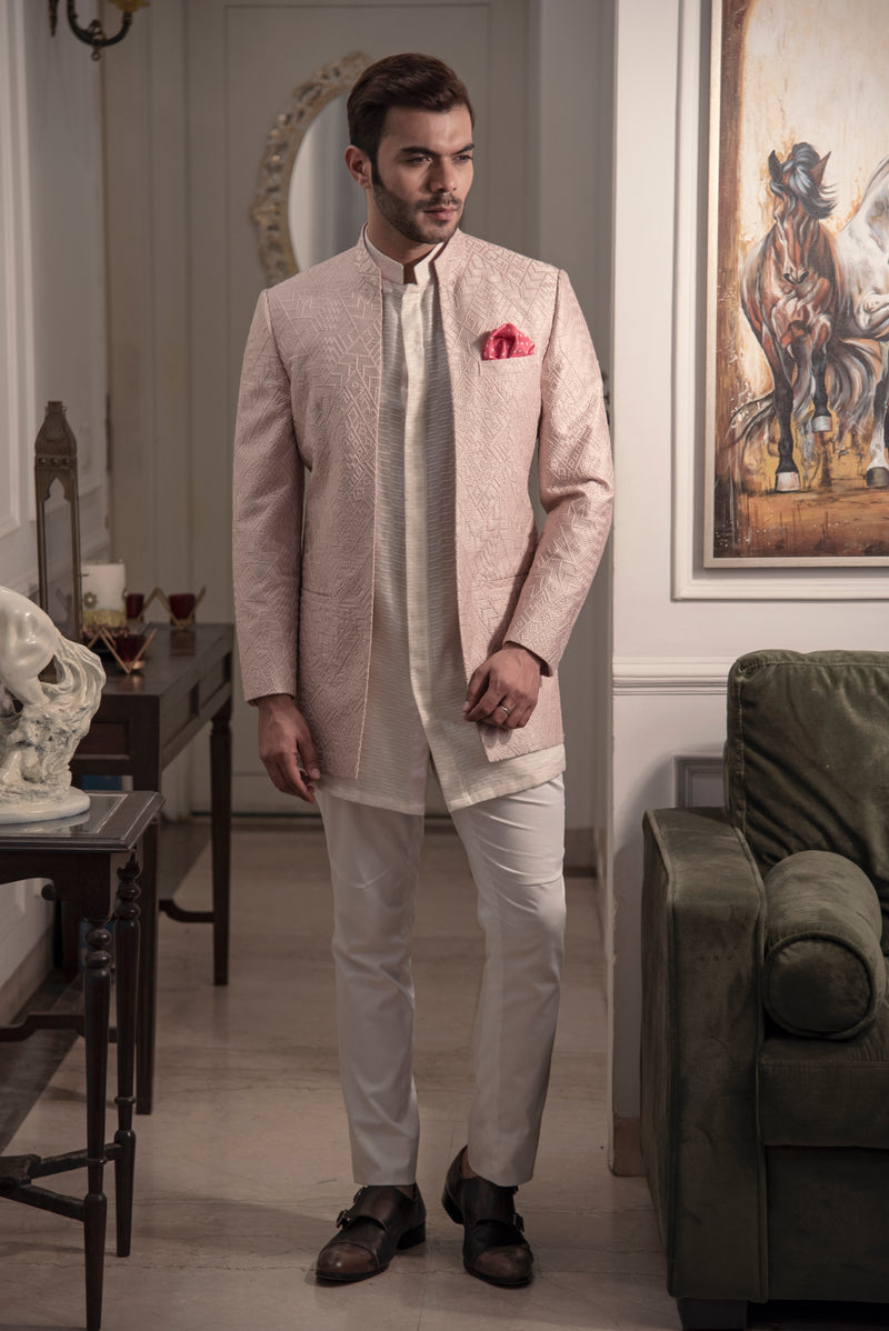 Powder pink embroidered bandgala jacket in open look style. Paired up with embroidered off white long shirt and pant cut pajama.