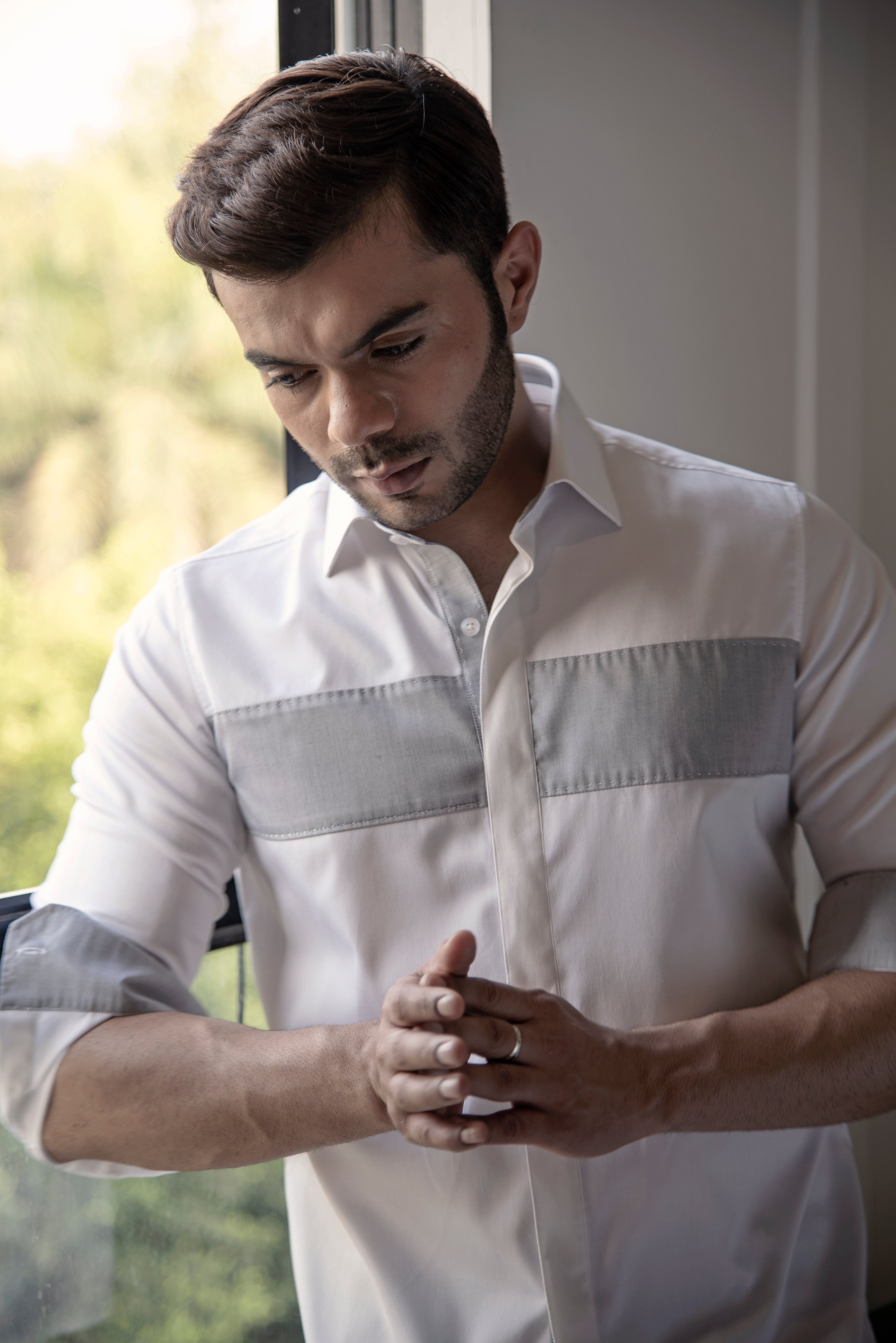 White shirt with grey centre panel.