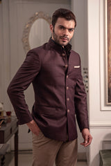 Brown self check bandgala jacket. Paired up with beige pants.